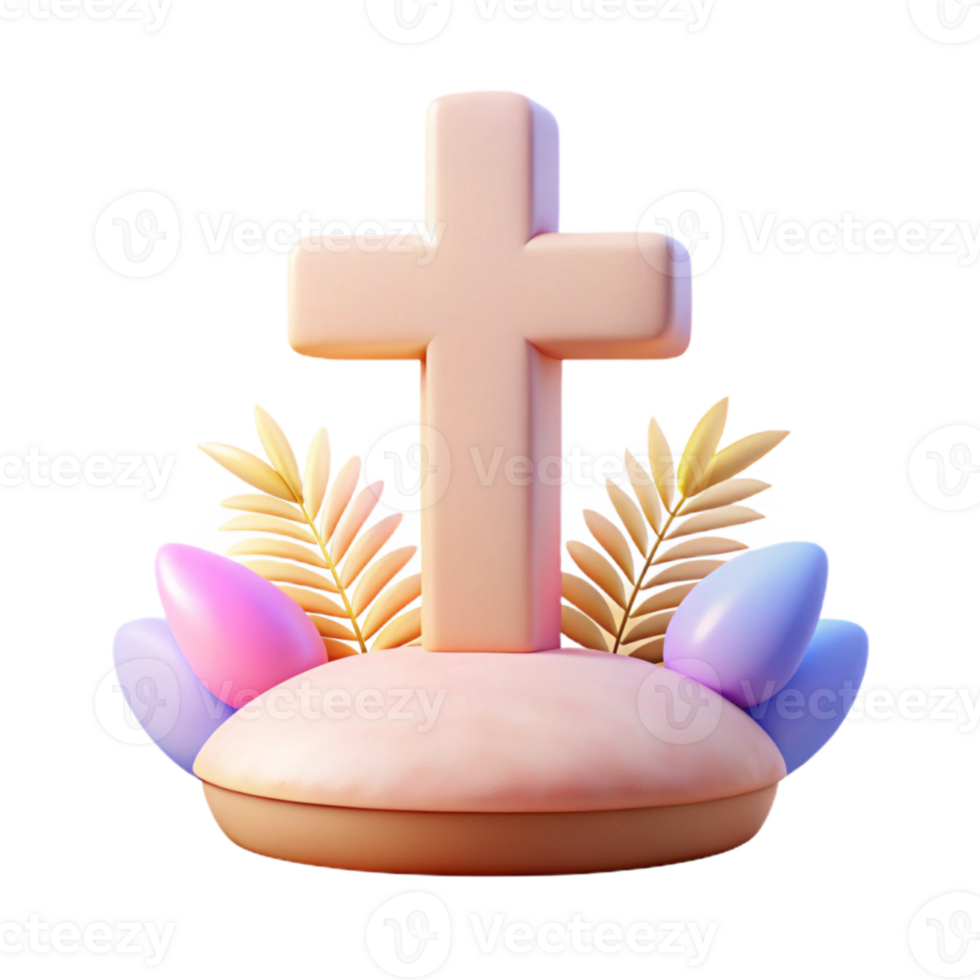 3D Render of a Cross with Palm Leaves and Eggs png