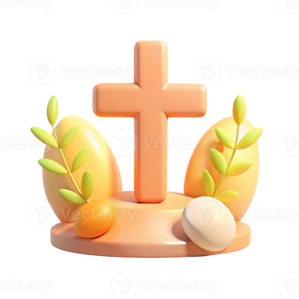 3D Easter Illustration with Cross, Eggs, and Leaves png