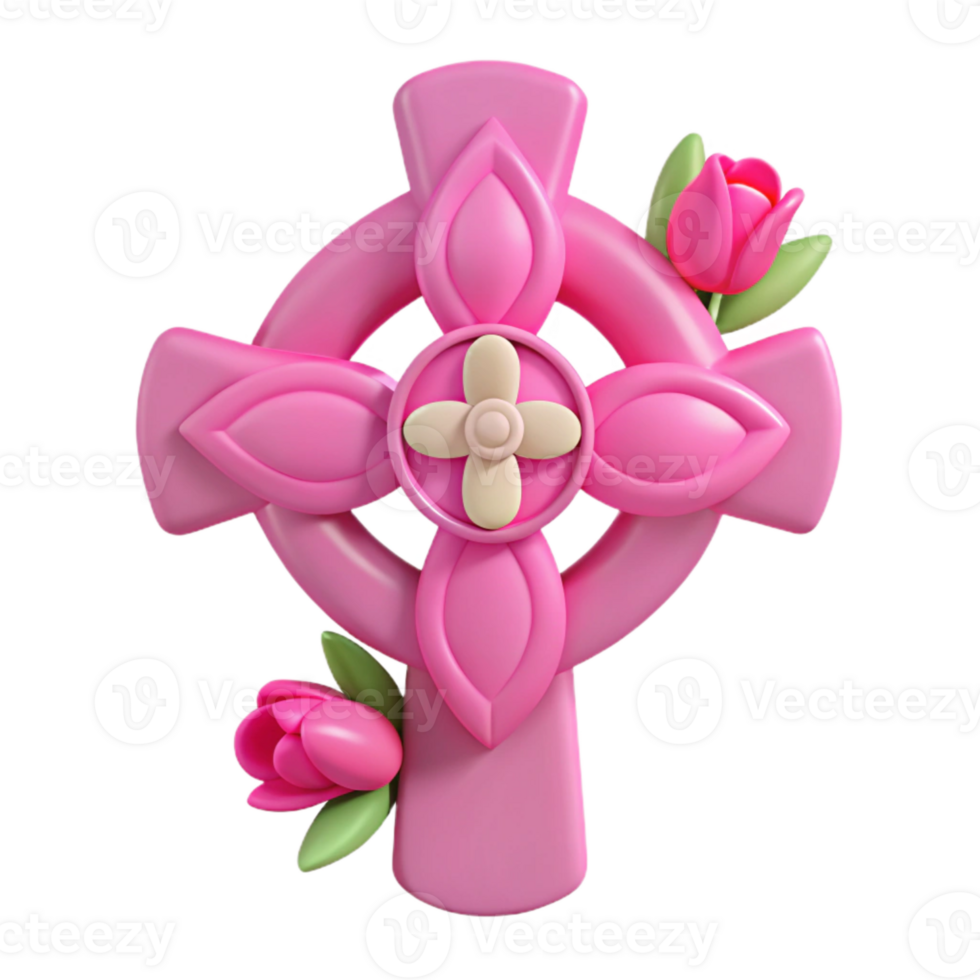 Pink Celtic Cross with Flowers 3D Render png