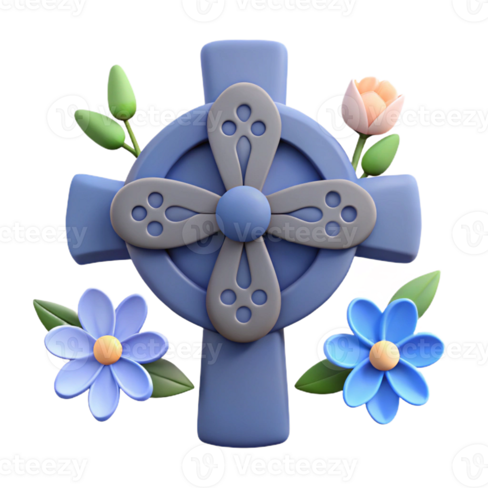 3D Render of Celtic Cross with Flowers png