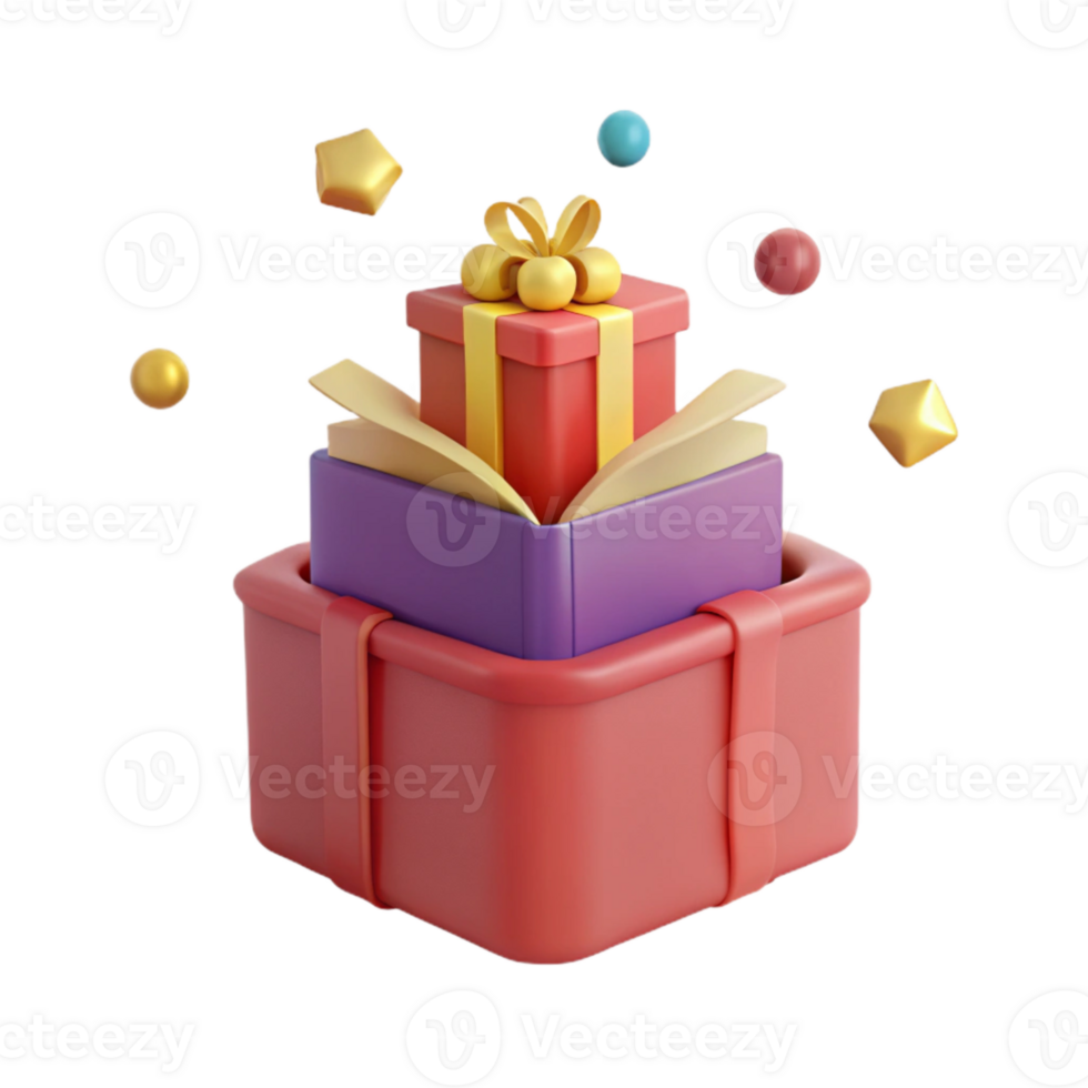 Stacked 3D Gift Boxes with Bow and Floating Ornaments png