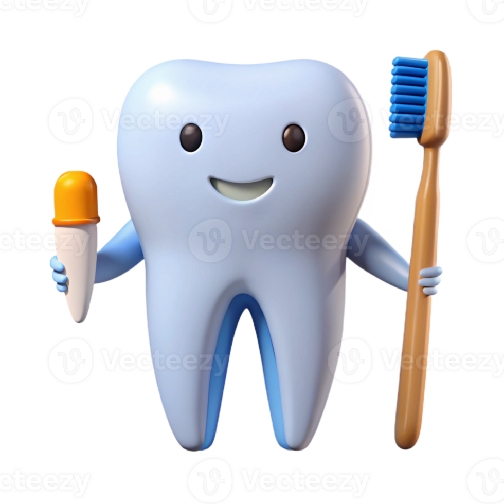 Smiling Tooth Holding Toothbrush and Ice Cream Cone png