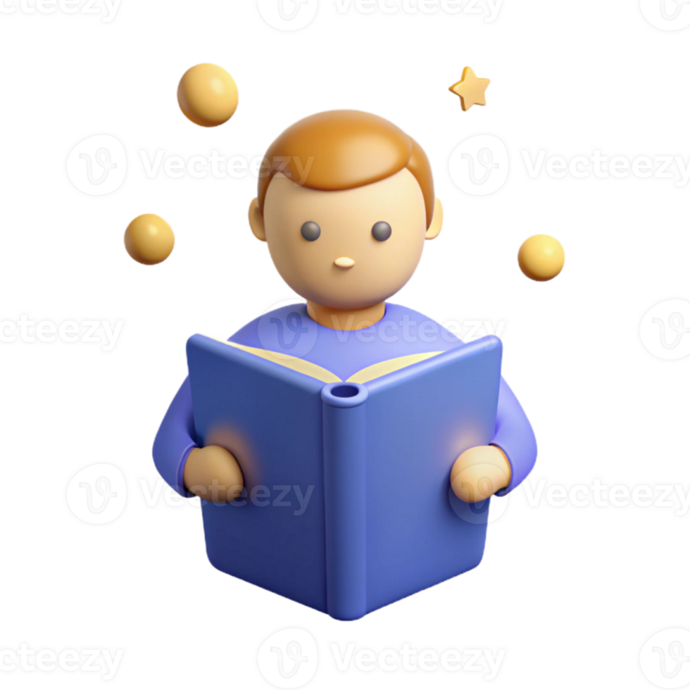 3D Illustration of a Person Reading a Book with Stars Above png