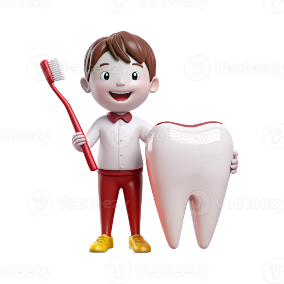 Happy Cartoon Boy Holding Toothbrush and Big Tooth png