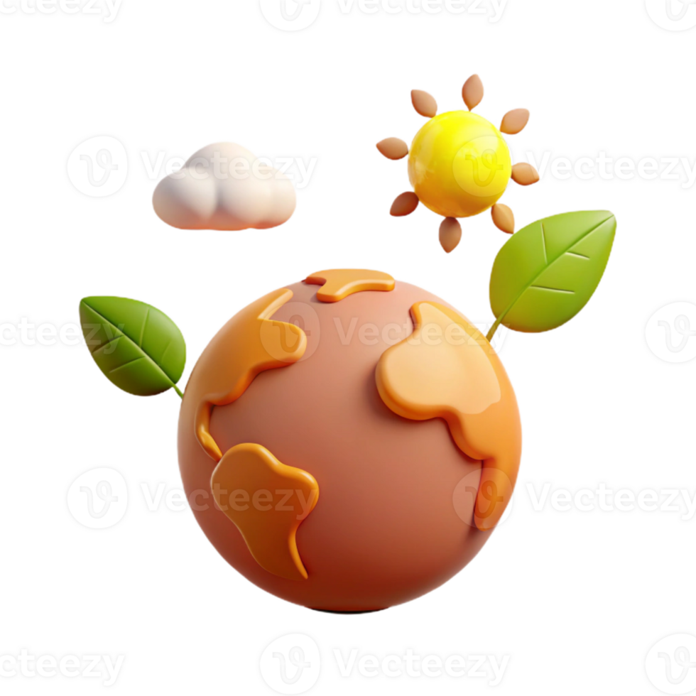 3D Cartoon Illustration of Earth with Sun, Cloud, and Leaves png