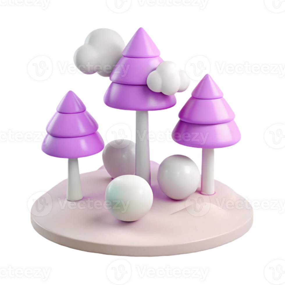 3D Rendered Scene with Purple Trees and White Clouds png