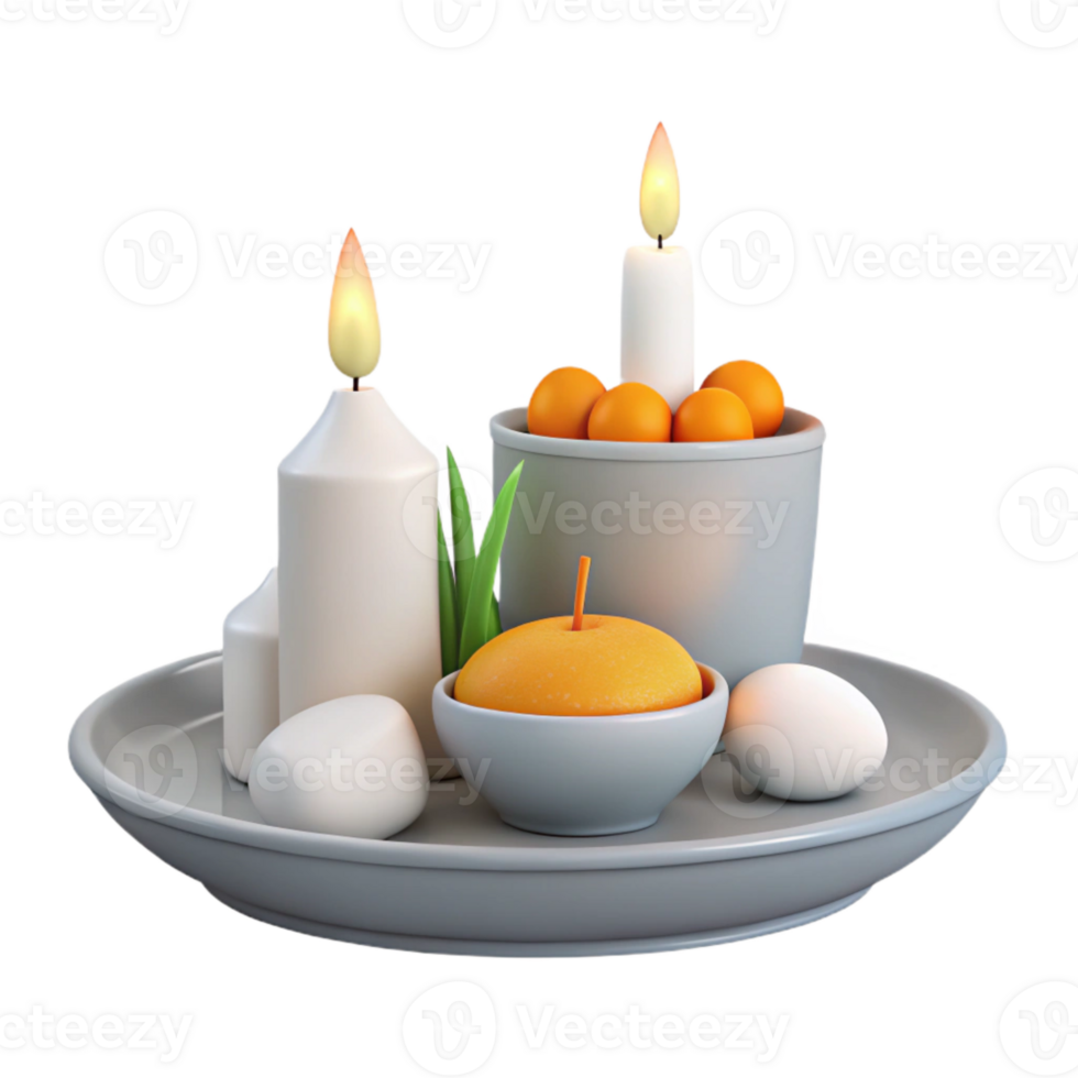 Candles, Oranges, Stones, and Green Leaves on a Plate png