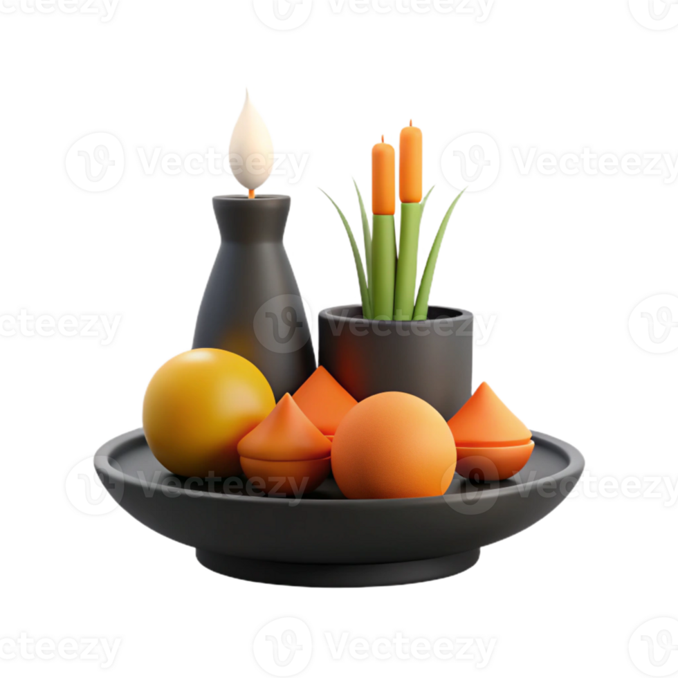 3D Rendered Still Life with Candle, Plant, and Geometric Objects png
