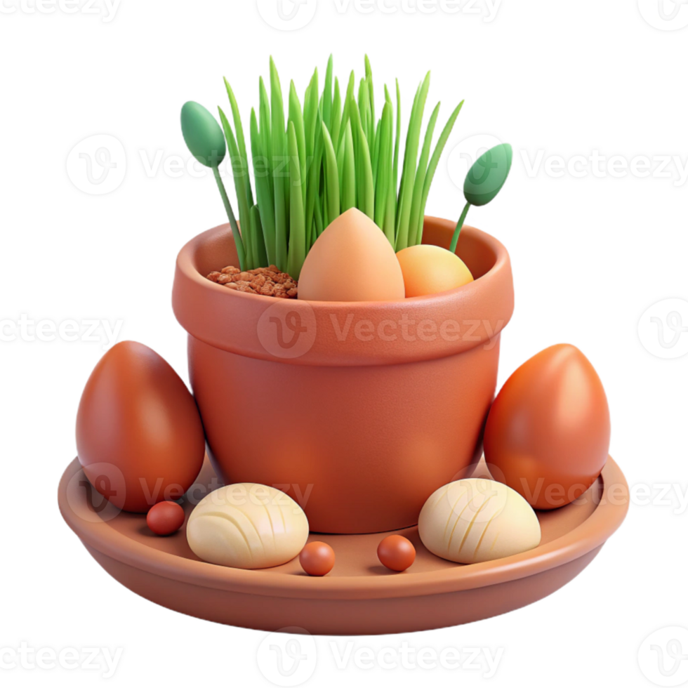 Easter Eggs in Pot with Grass and Chocolate png