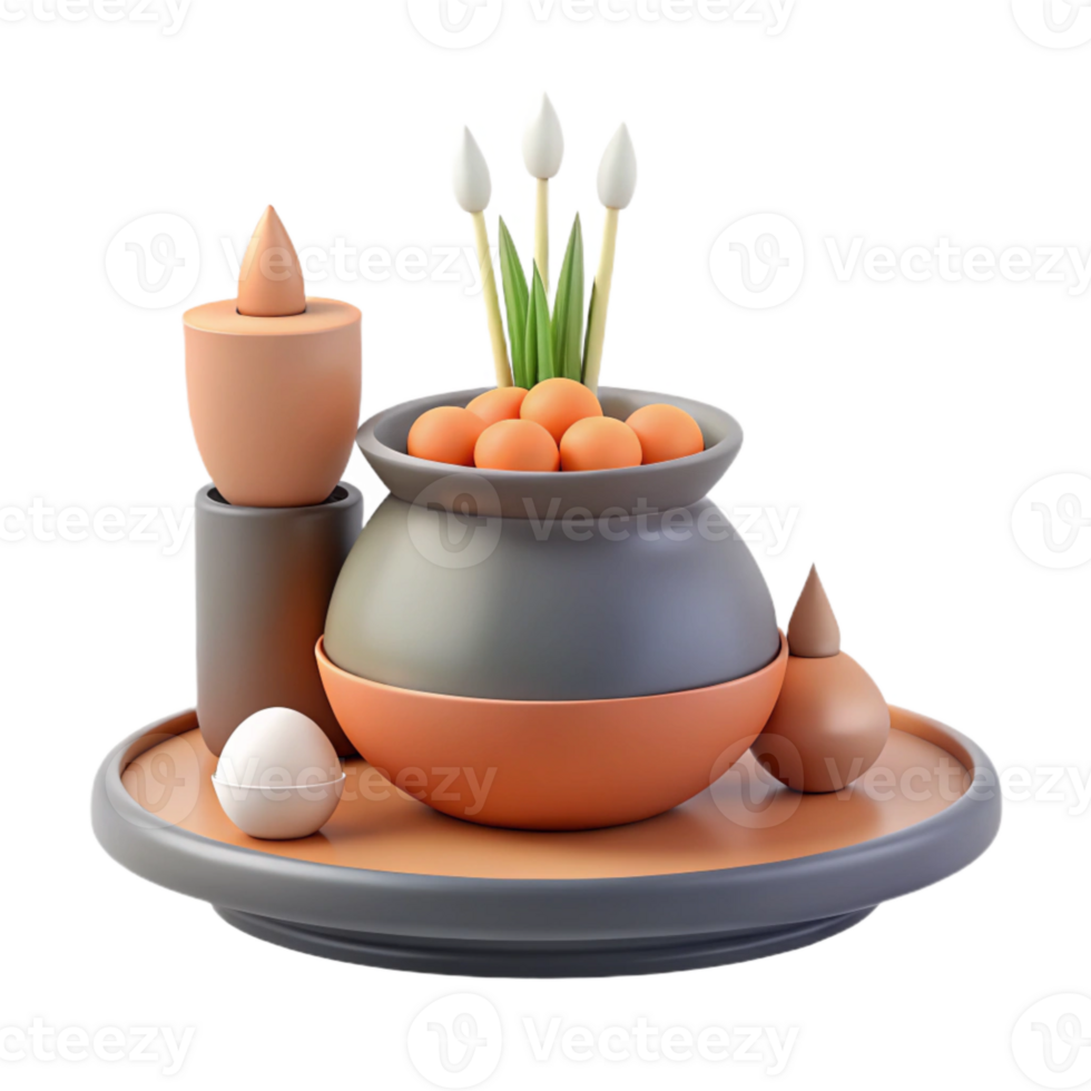 3D Render of a Tabletop Still Life with a Pot, Eggs, Flowers, and a Candle png