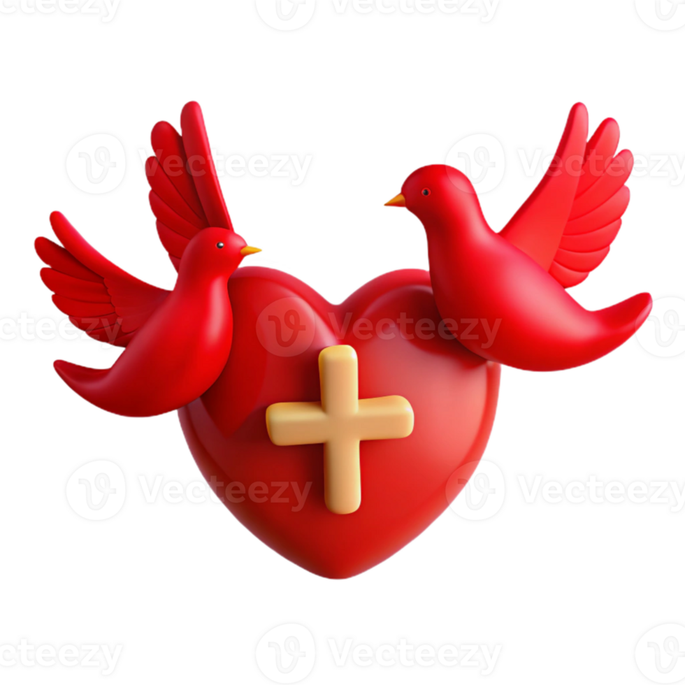 Red Hearts and Birds 3D Render png