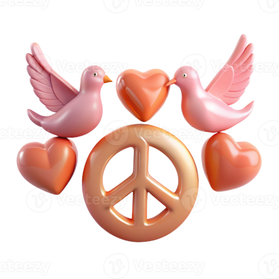Peace, Love, and Doves 3D Render of a Peace Sign with Hearts and Doves png