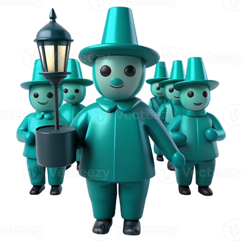 3D Cartoon Characters in a Line Holding a Streetlamp png