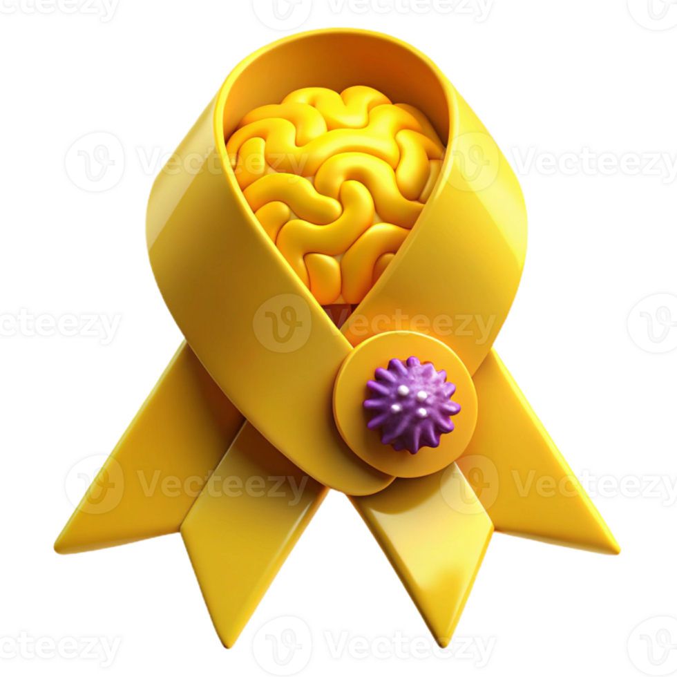 Yellow Ribbon with Brain and Purple Pin Symbol of Support and Awareness png