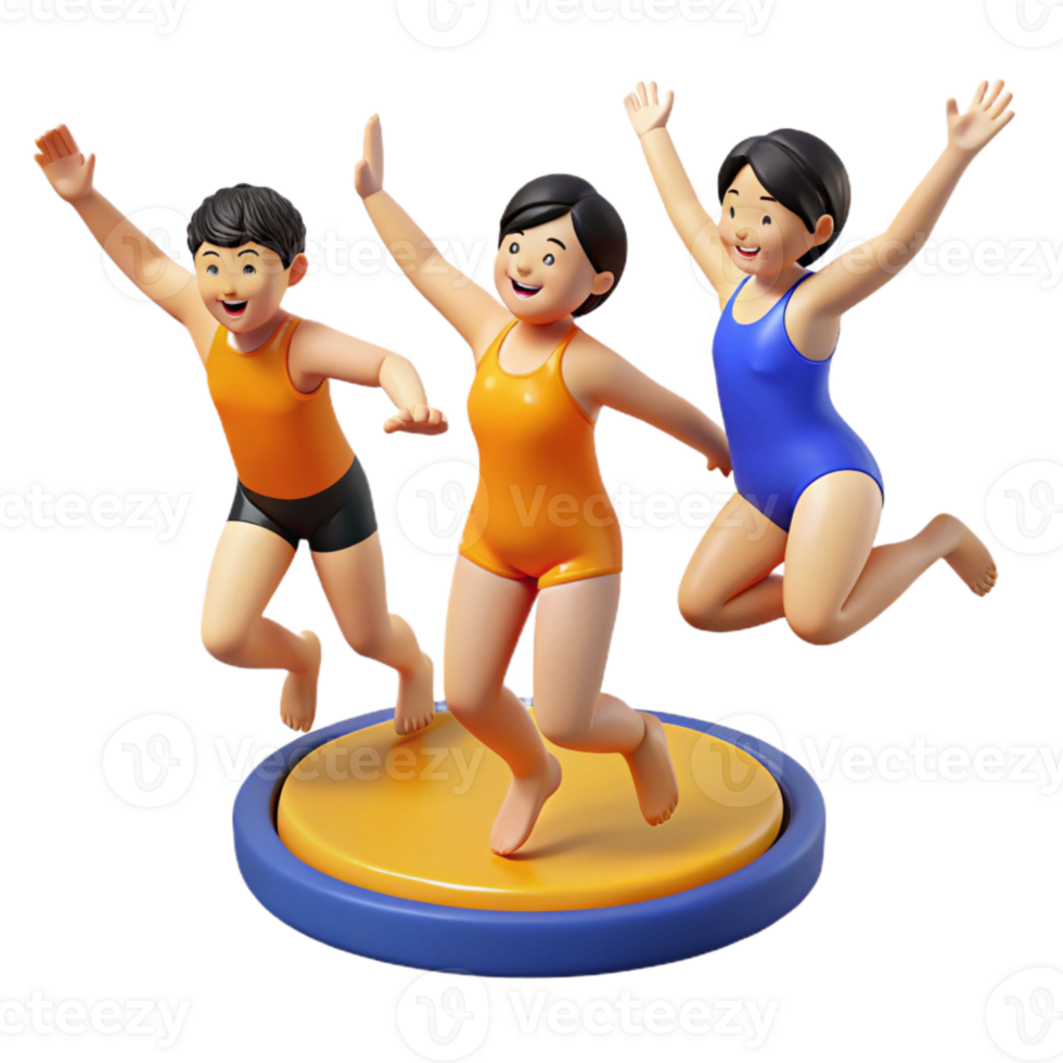 Three Cartoon Characters Jumping on a Yellow Platform png