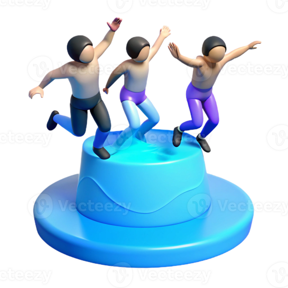Three 3D Cartoon Characters Jumping on a Blue Platform png