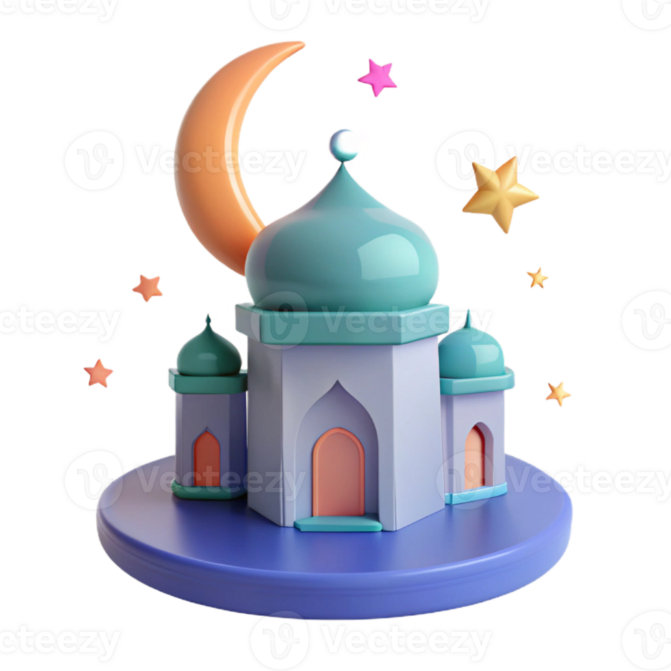 3D Illustration of a Mosque with Crescent Moon and Stars png