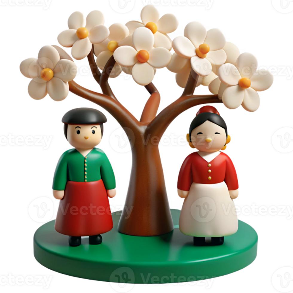 3D Rendered Illustration of Two Cartoon Figures Standing Under a Blooming Tree png