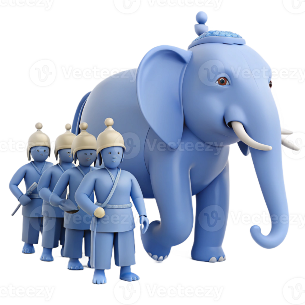 Blue Elephant and Soldiers 3D Render png