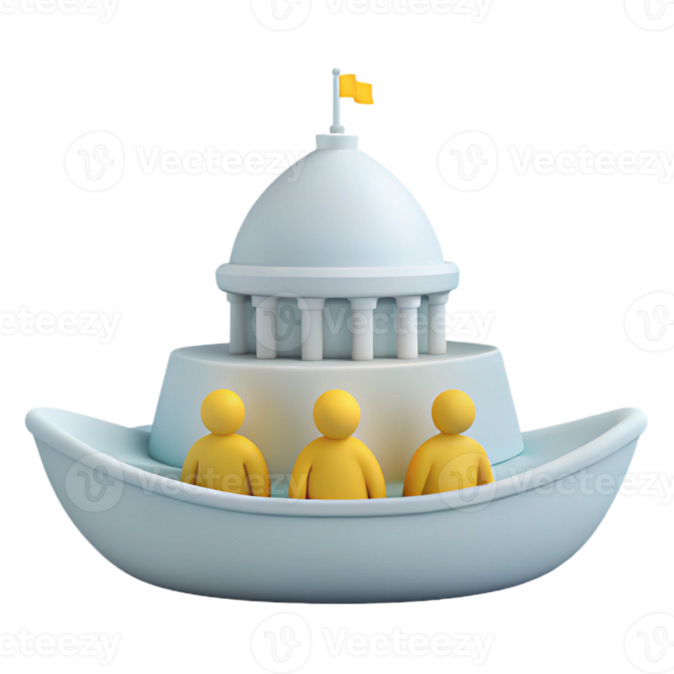 3D Illustration of People in a Boat with a Building on Top png