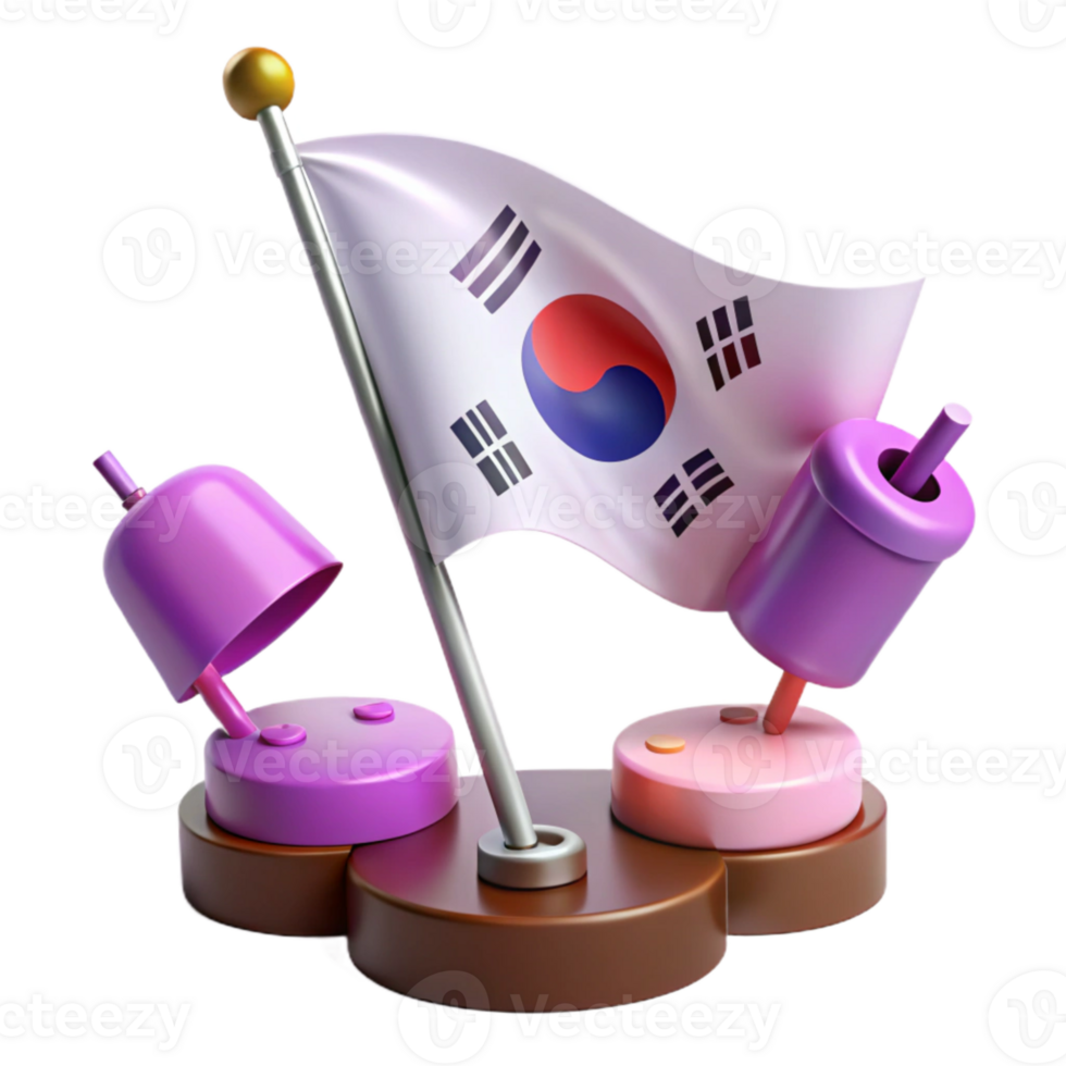 3D Render of South Korean Flag with Decorative Objects png