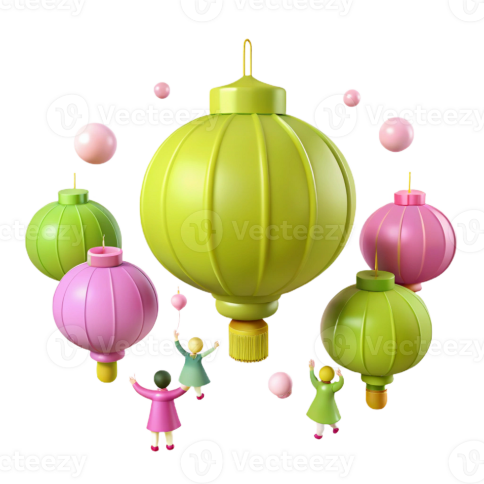 3D Rendered Illustration of Colorful Lanterns and Small Figures png