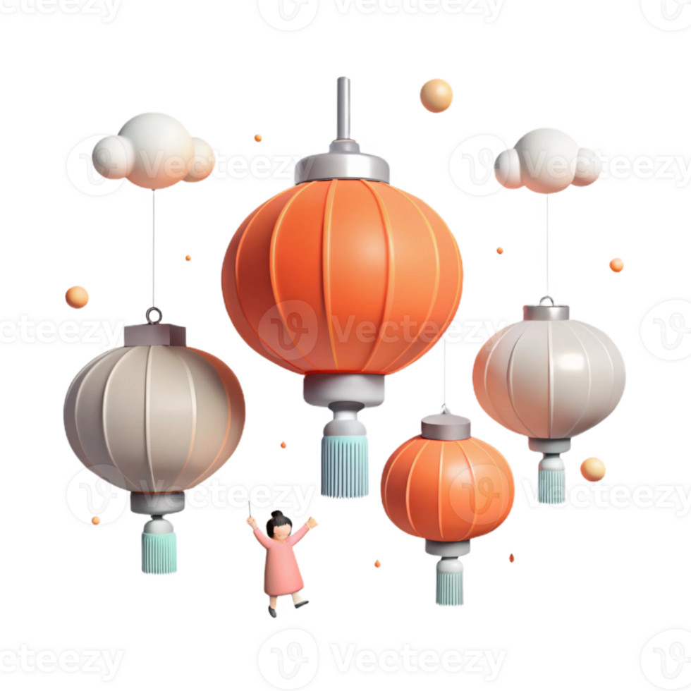 3D Render of Hanging Lanterns with Clouds and a Small Figure png