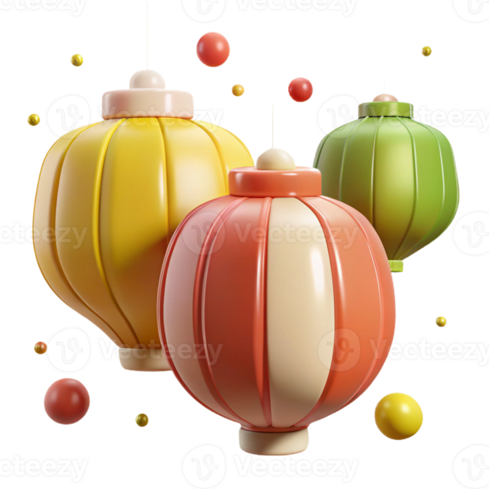 3D Rendered Colorful Lanterns with Floating Orbs png