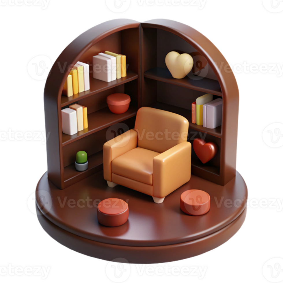 Cozy 3D Rendered Living Room Corner with Bookshelf, Armchair, and Heart Decor png