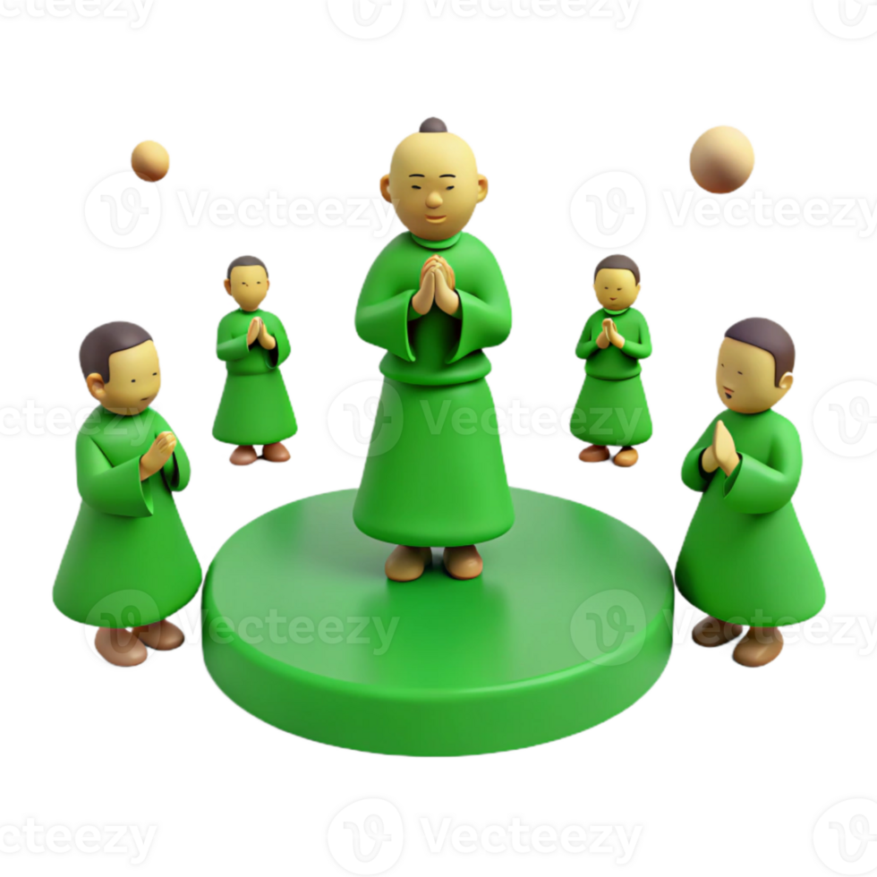 Five Cartoon Figures In Prayer Pose Surrounding A Green Platform png