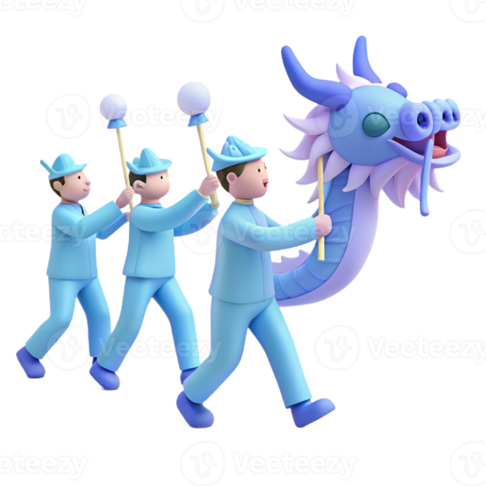 3D Illustration of People Dancing with a Dragon png