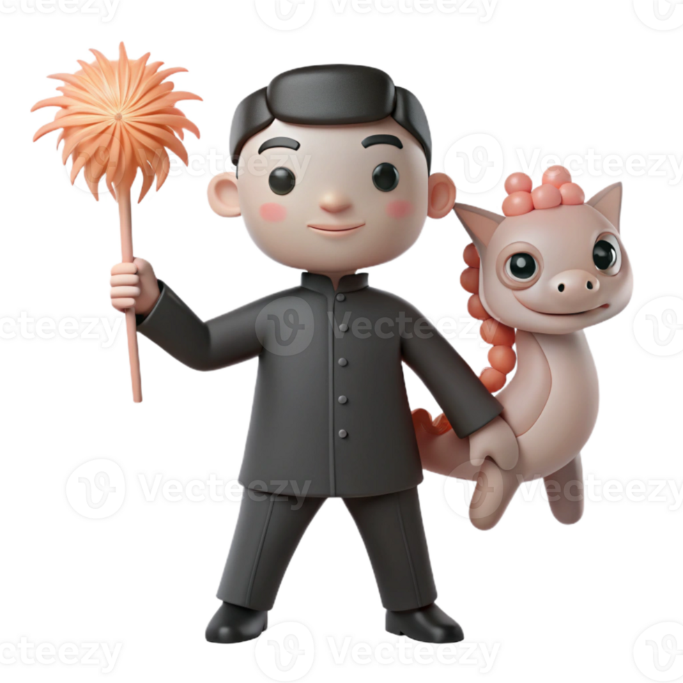 3D Cartoon Boy Holding a Fluffy Duster and a Pink Creature png