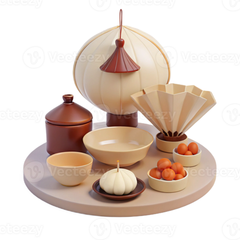 3D Rendered Table Setting with Bowls, Dishes, and a Lamp png
