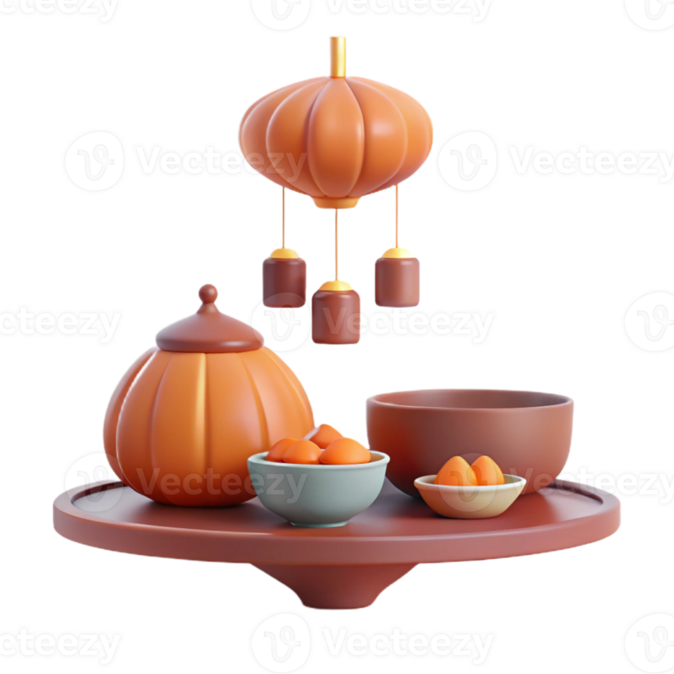 3D Render of Pumpkin-Themed Table Setting with Teapot, Bowls, and Hanging Lantern png