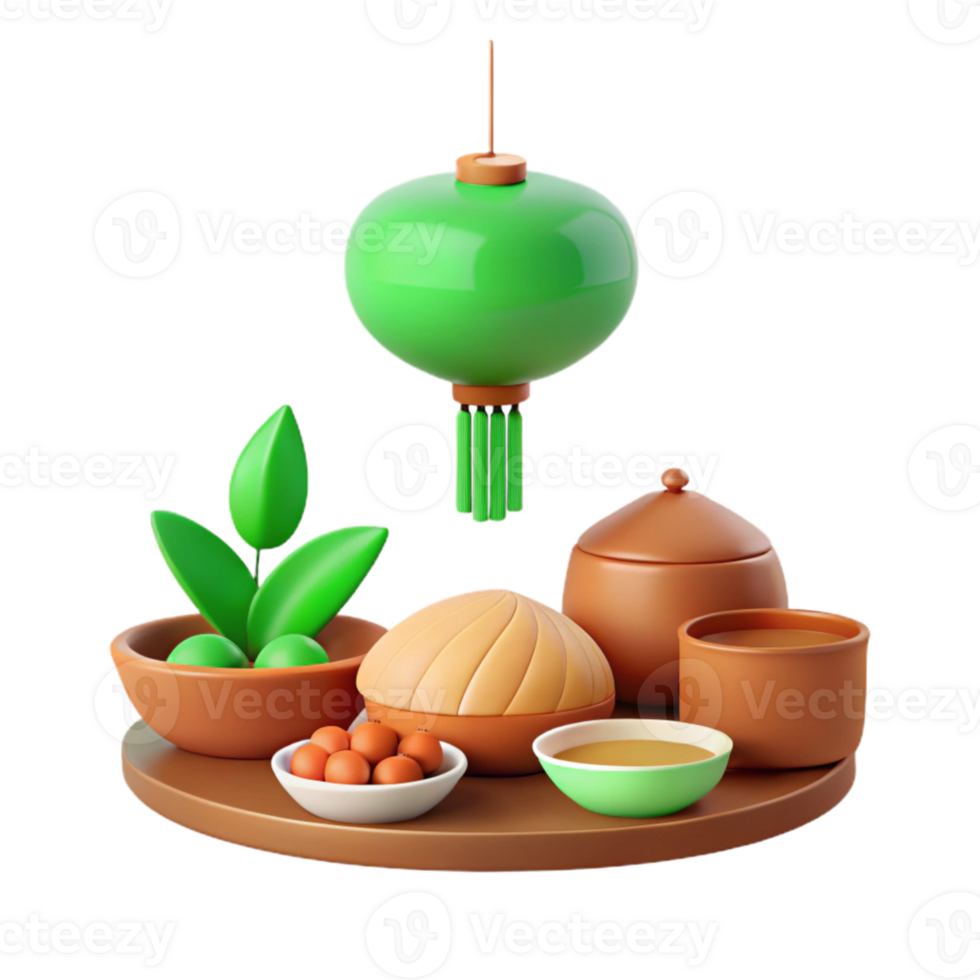 3D Illustration of Traditional Asian Lantern, Tea Set, and Food on a Wooden Tray png