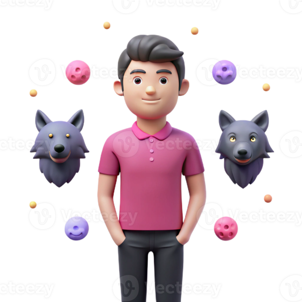 3D Cartoon Character with Wolf Heads and Colorful Balls png