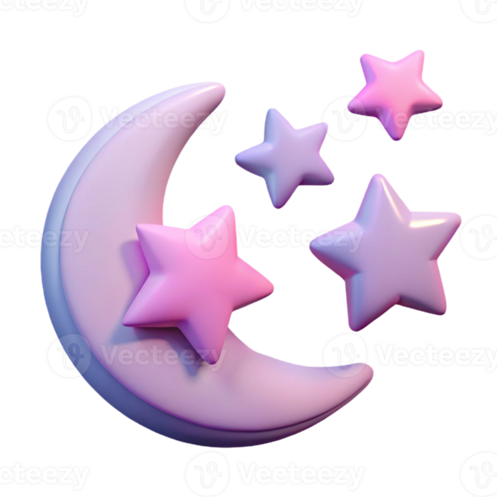 3D Render of a Crescent Moon and Stars png