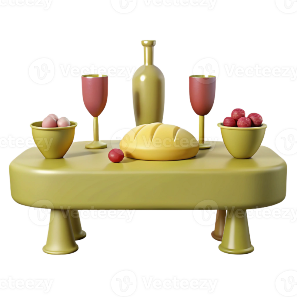 3D Rendered Table Setting with Bread, Wine, and Fruit png