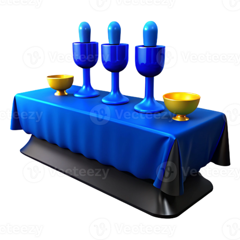 Three Blue Cups and Two Golden Bowls on a Blue Tablecloth png