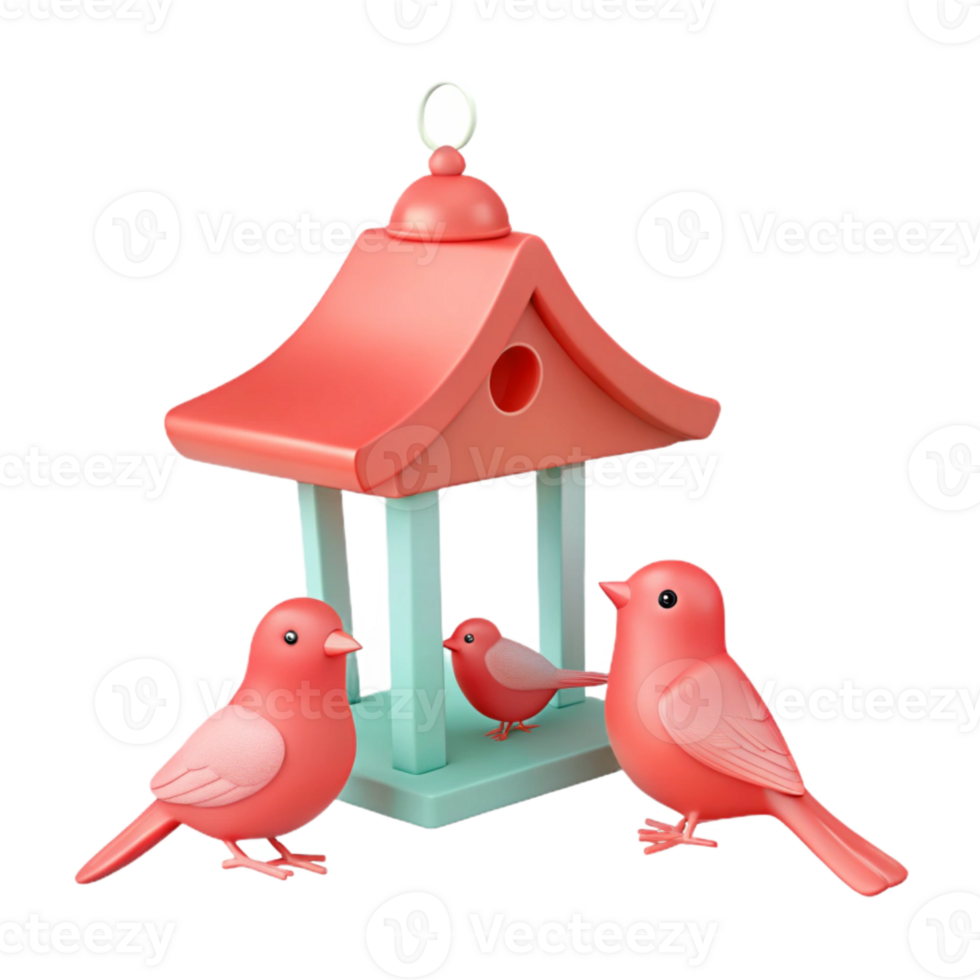Cute Pink Birds Gathering Around a Birdhouse png
