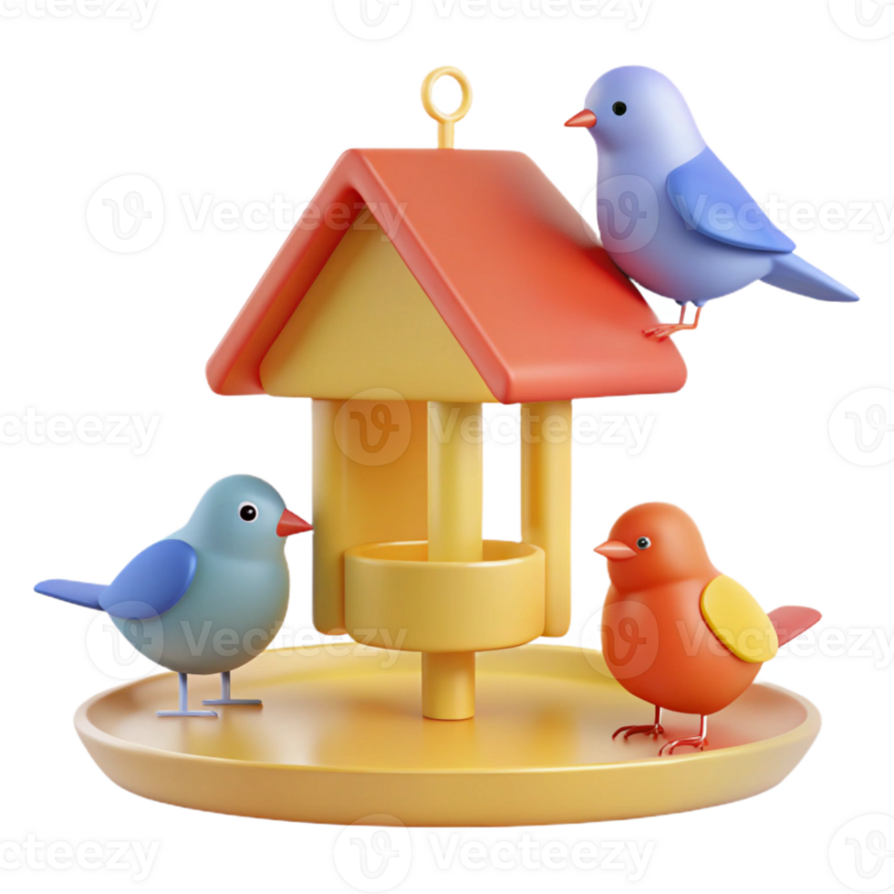3D Cartoon Birds at a Birdhouse and Feeder png