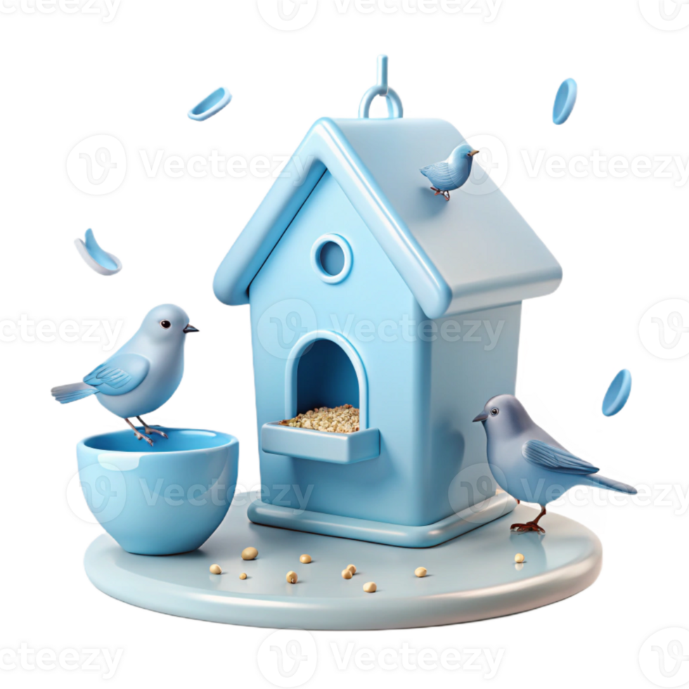 Blue Birdhouse with Three Birds and Scattered Seeds png