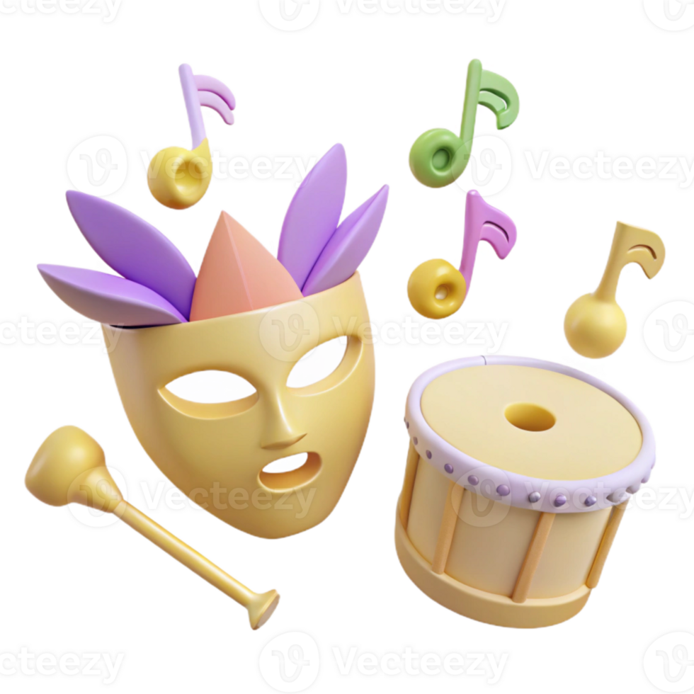3D Rendered Carnival Mask and Drum with Musical Notes png