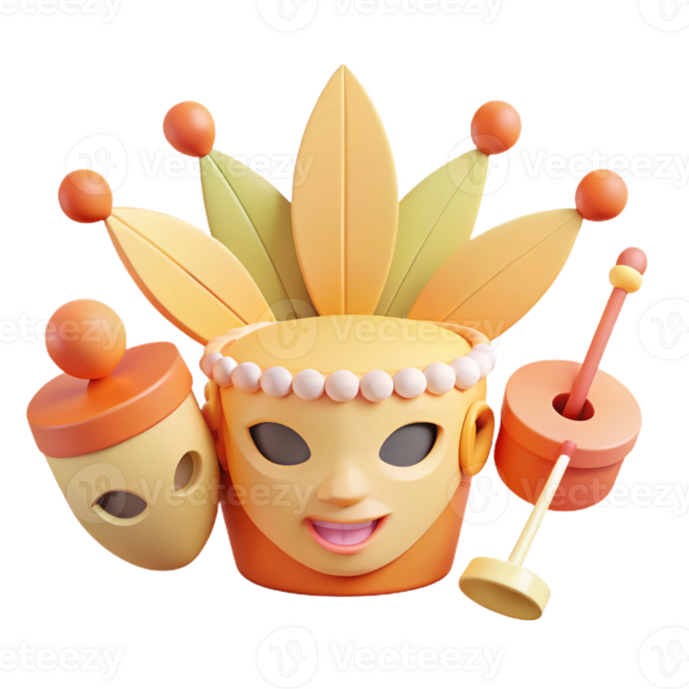 3D Rendered Carnival Mask with Feathers and Tambourine png