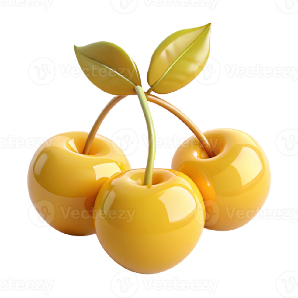 Three Shiny Yellow Cherries with Green Leaves png
