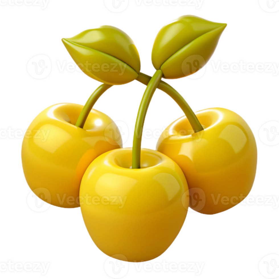 Three Shiny Yellow Cherries with Green Leaves png