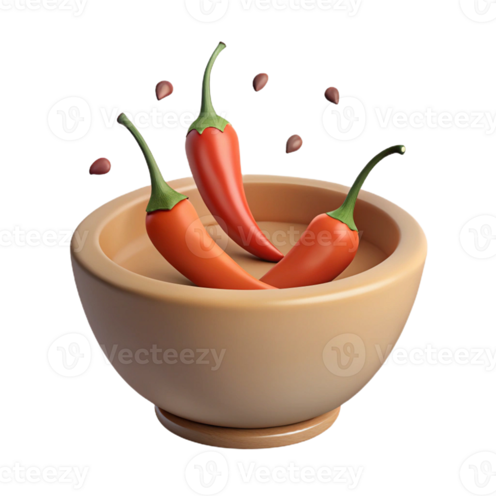 Three Red Chili Peppers in a Wooden Bowl with Seeds png