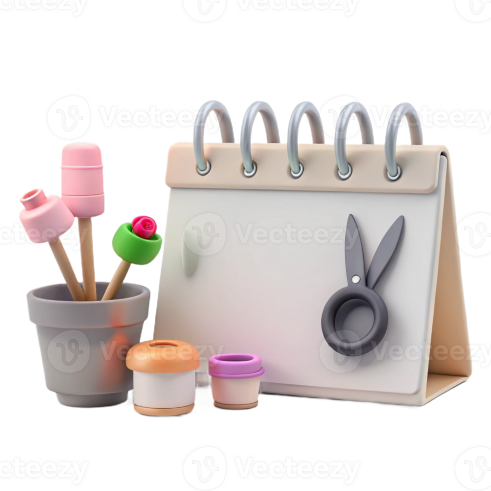 Cute Calendar with Flower Pot and Colorful Containers png