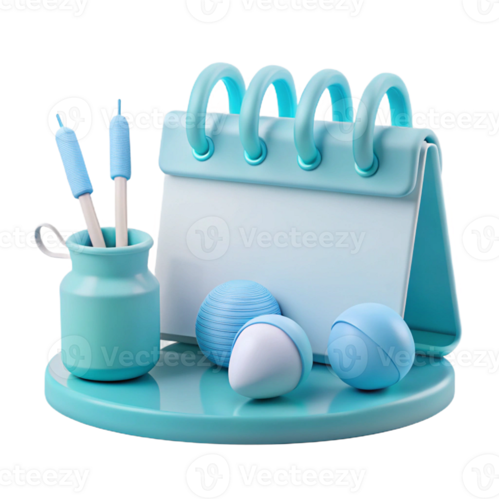 3D Render of a Blue Desk Calendar with Accessories png