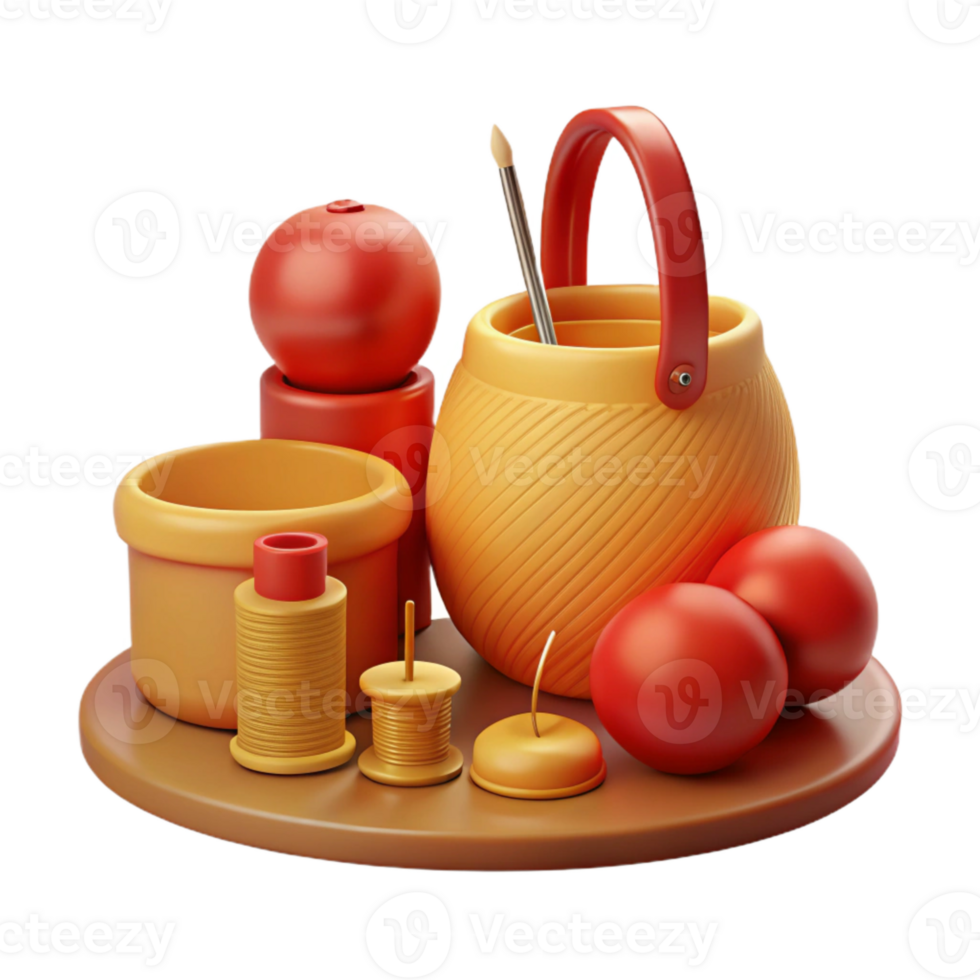 3D Rendered Still Life with Red Spheres, Yellow Basket, and Wooden Spools png